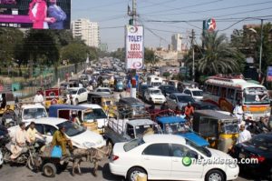 KARACHI, PAKISTAN, MAR 19: A view of traffic jam at Arts Council roundabout in Karachi on Monday, March 19, 2012. (Rizwan Ali/PPI Images).